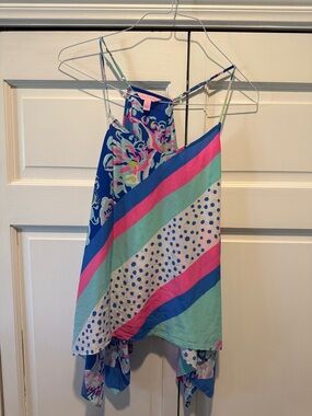 Lilly Pulitzer Blue Pink Teal Abstract Print Spaghetti-Strap Tank